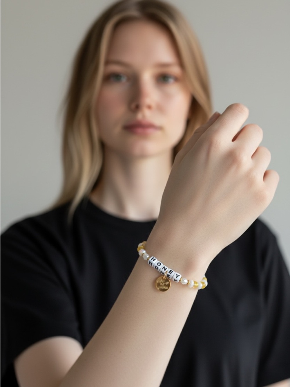 10/14 Honey Bead Bracelet with Gold Charm - White & Gold